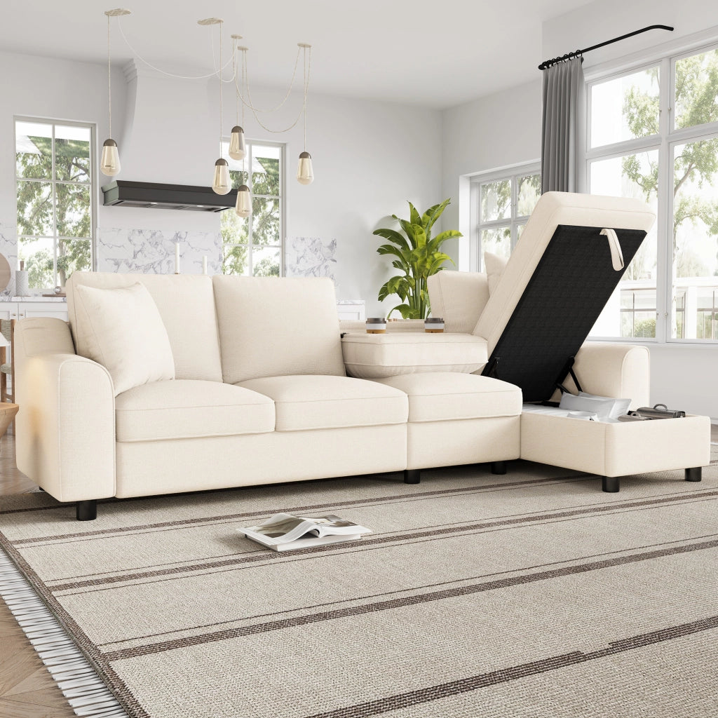 Divano a tre posti, divano ad angolo, tessuto chenille, vano portaoggetti, portabicchieri, design modulare, beige