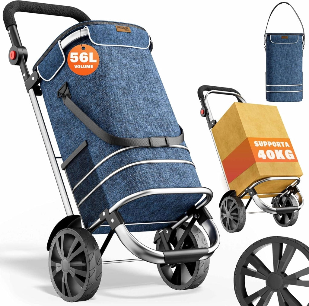 Carrello della Spesa 3in1 56L fino a 50 kg Borsa Pieghevole Rimovibile Carrellino Portaspesa Trolley Blu