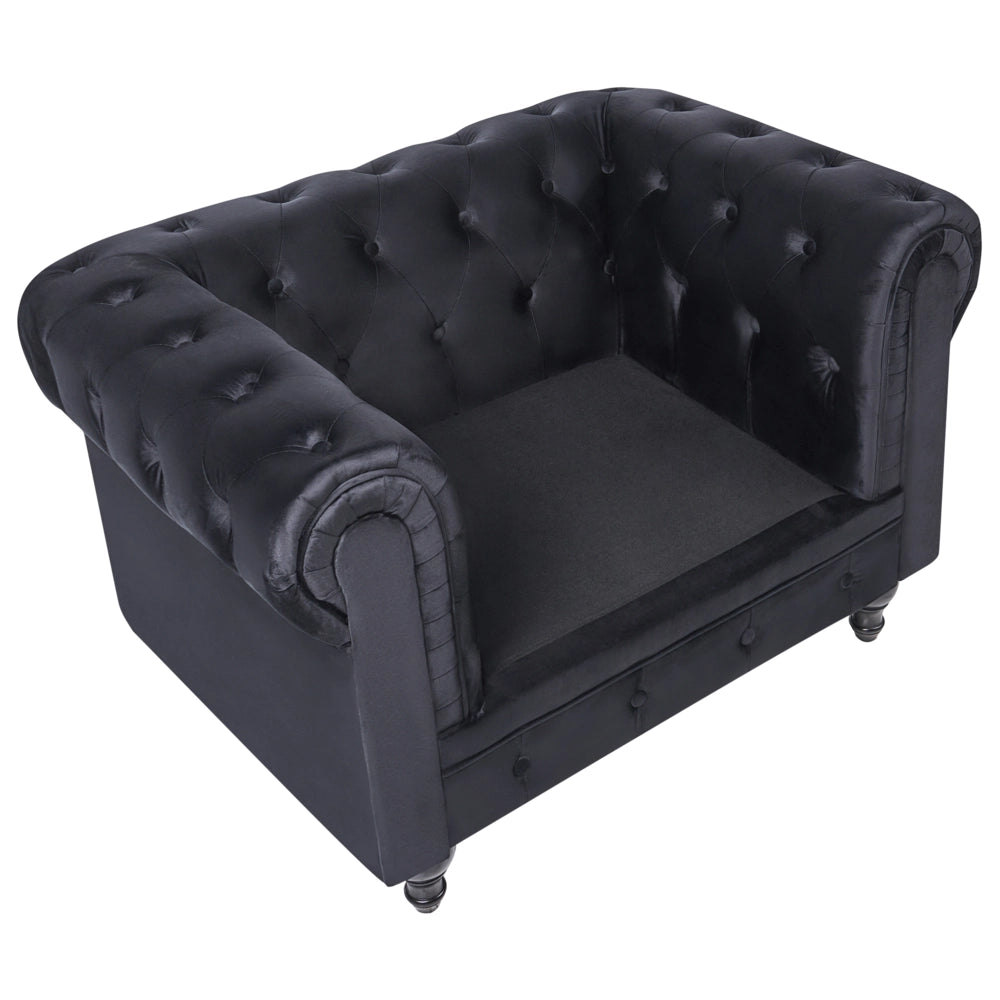 Poltrona Chesterfield Rivestimento in Tessuto Velluto Nero Gambe in Legno Scuro Contemporanea