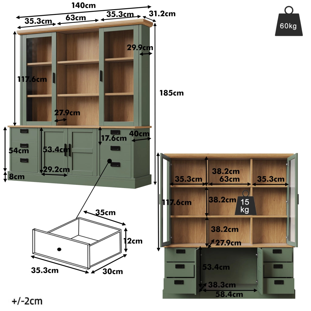 Credenza alta con vetrina, 6 cassetti e ante doppie, per cucina, in MDF e metallo, verde, 140 × 40 × 185 cm