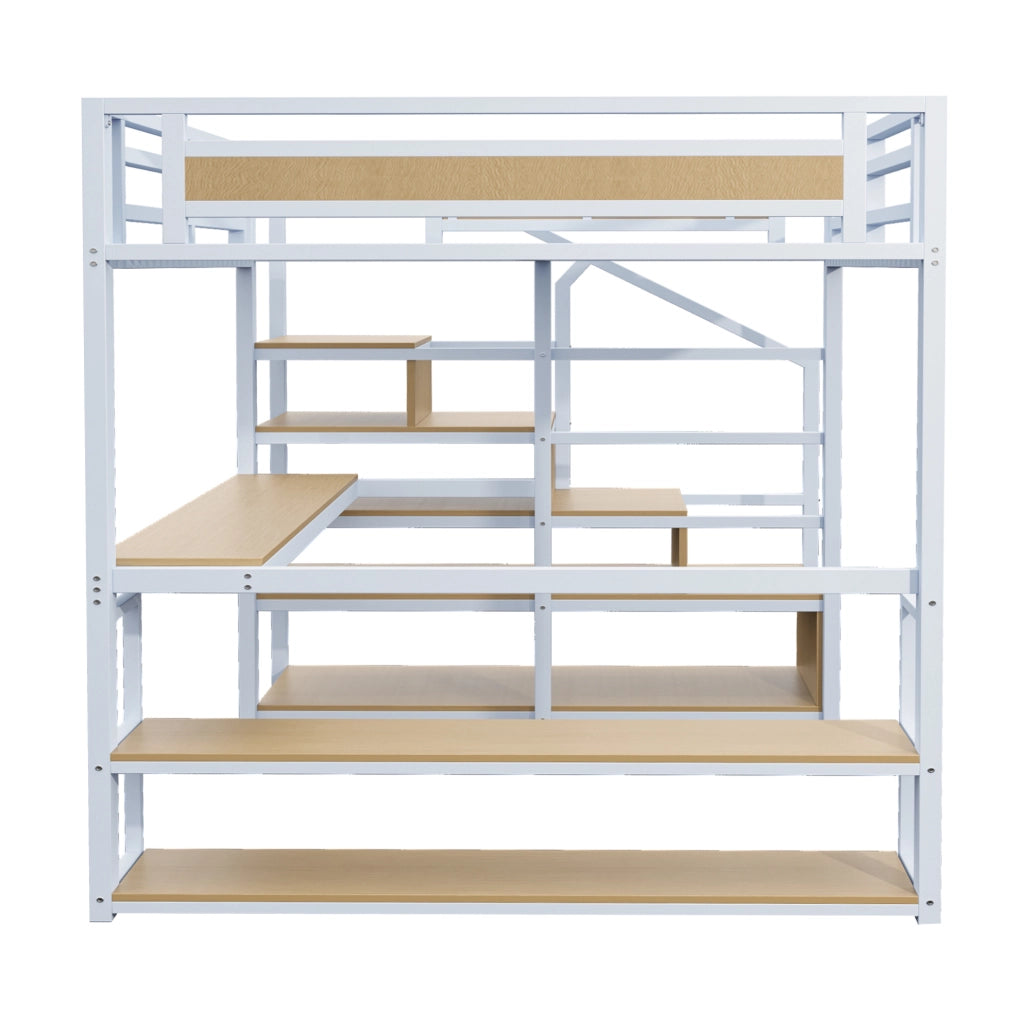 Letto a soppalco in metallo 140x200 con scala contenitore, ripiani e scrivania