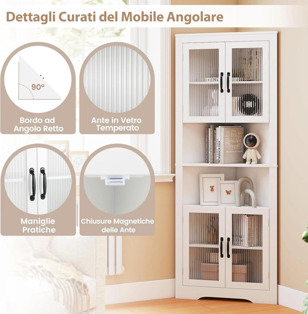 Armadio Angolare 66 x 35 x 171 cm, Mobile Bagno Triangolare Salvaspazio con 4 Ante in Vetro Temperato e Ripiani Regolabil, Mobile Angolare per Soggiorno, Cucina e Sala da Pranzo
