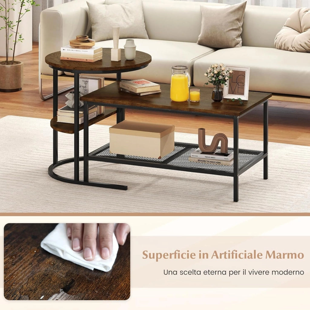 Set di Tavolini da Caffè Componibili, 2 in 1 Set di Tavoli Rimovibili con Piano in Marmo Sintetico, Tavolino Rotondo e Tavolino Rettangolare per Salotto e Camera da Letto (Nero) (Marrone)