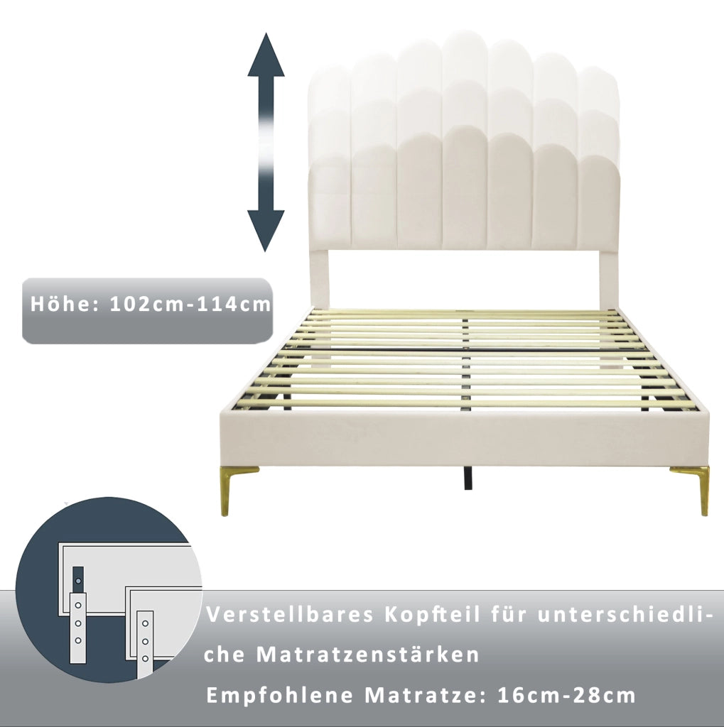 Letto matrimoniale imbottito 140 x 200 cm in velluto beige con testiera regolabile