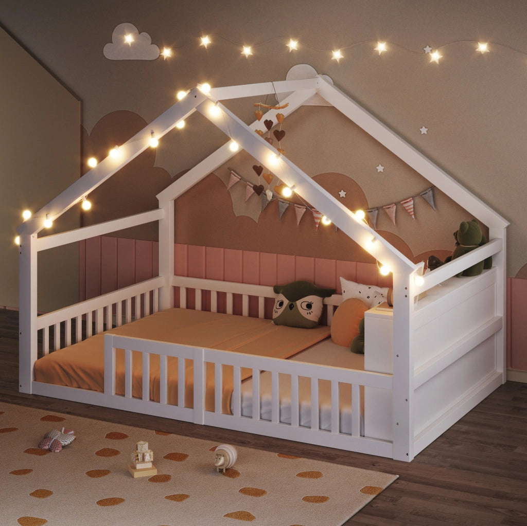 Letto per bambini a casetta 140x190 cm bianco con sponde