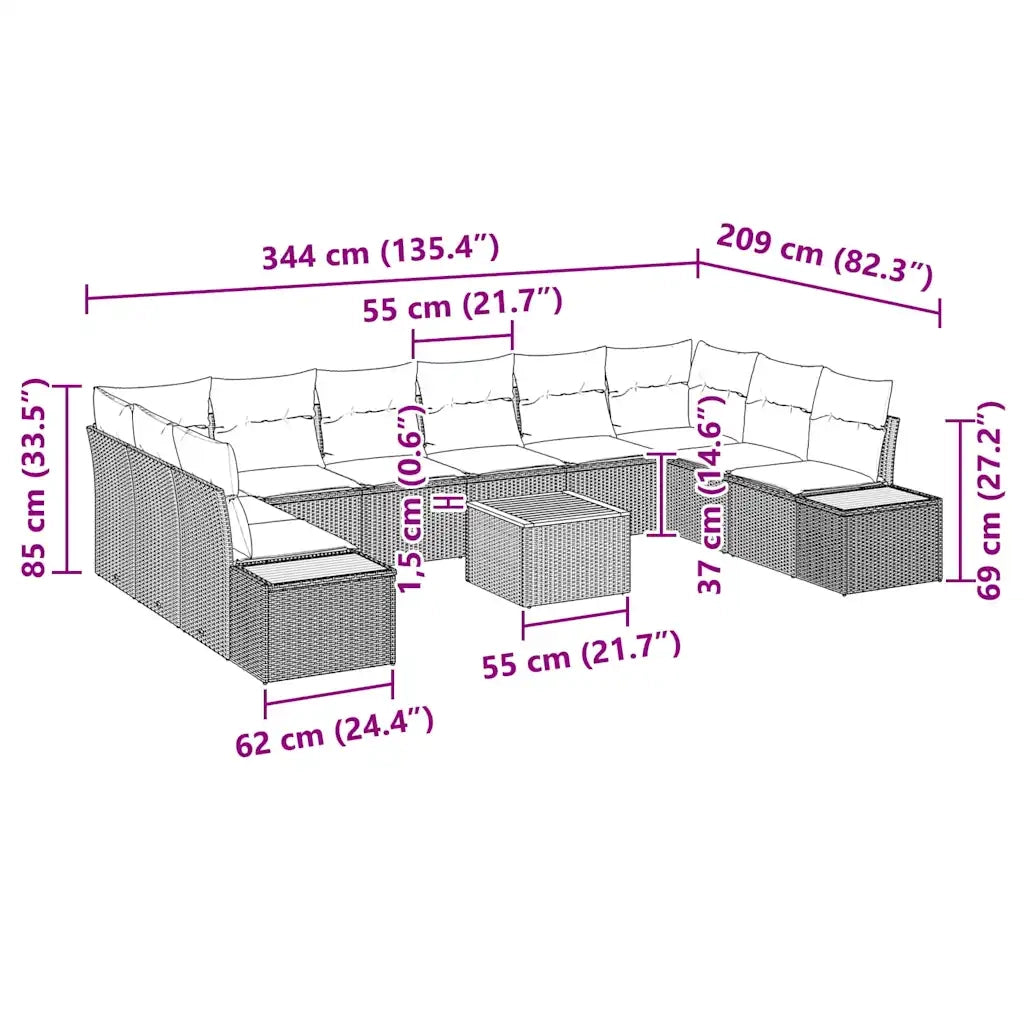 Set Divano da Giardino con cuscino 11 pcs Grigio Poly Rattan 3348180