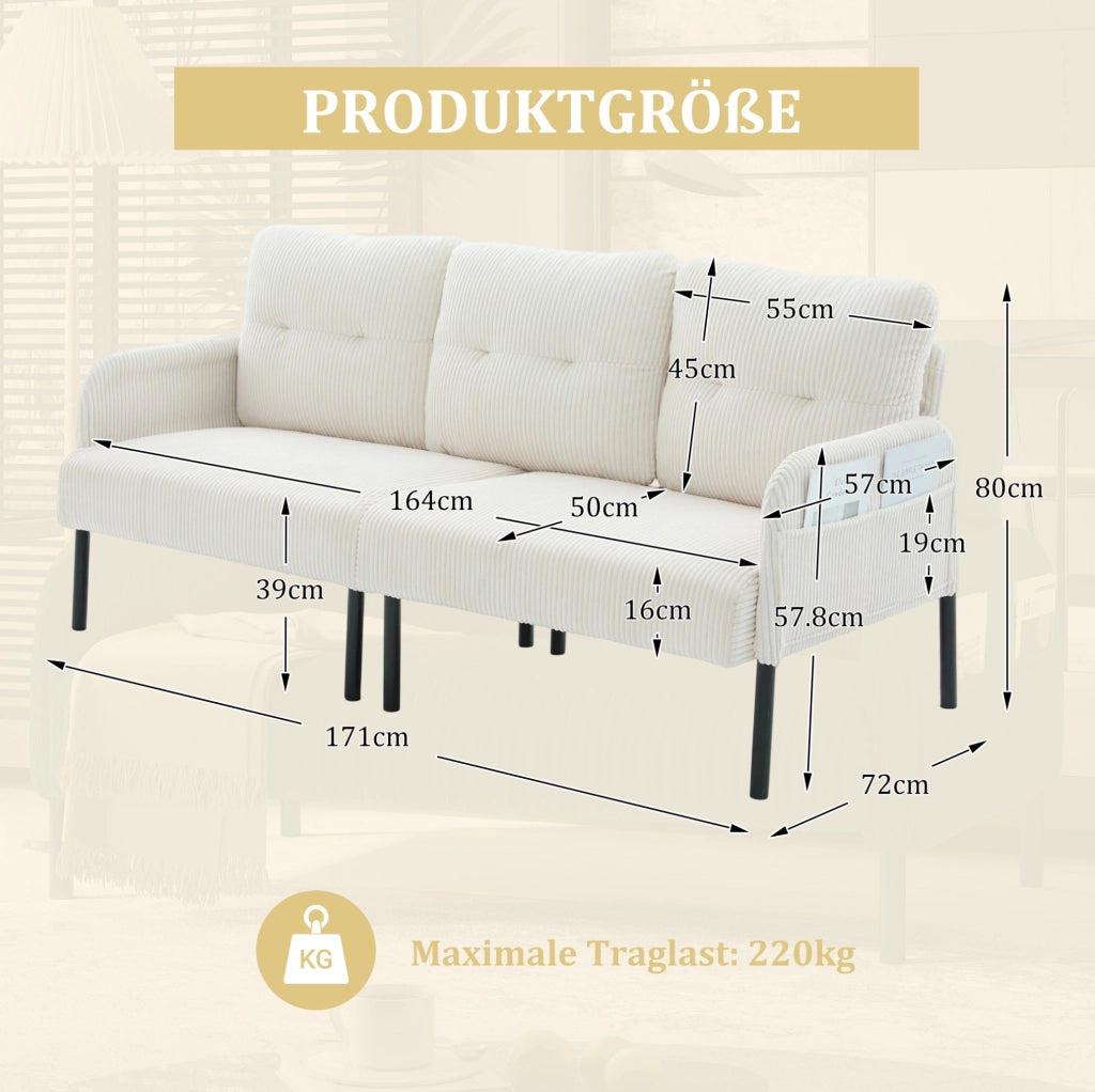 Divano tre posti beige in velluto a coste con schienale ergonomico e tasca laterale capiente