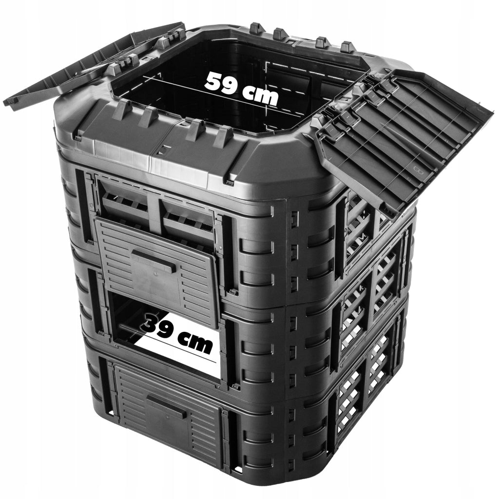 Compostiera modulare da giardino KADAX 860L resistente al gelo, utilizzabile tutto l'anno, colore nero.