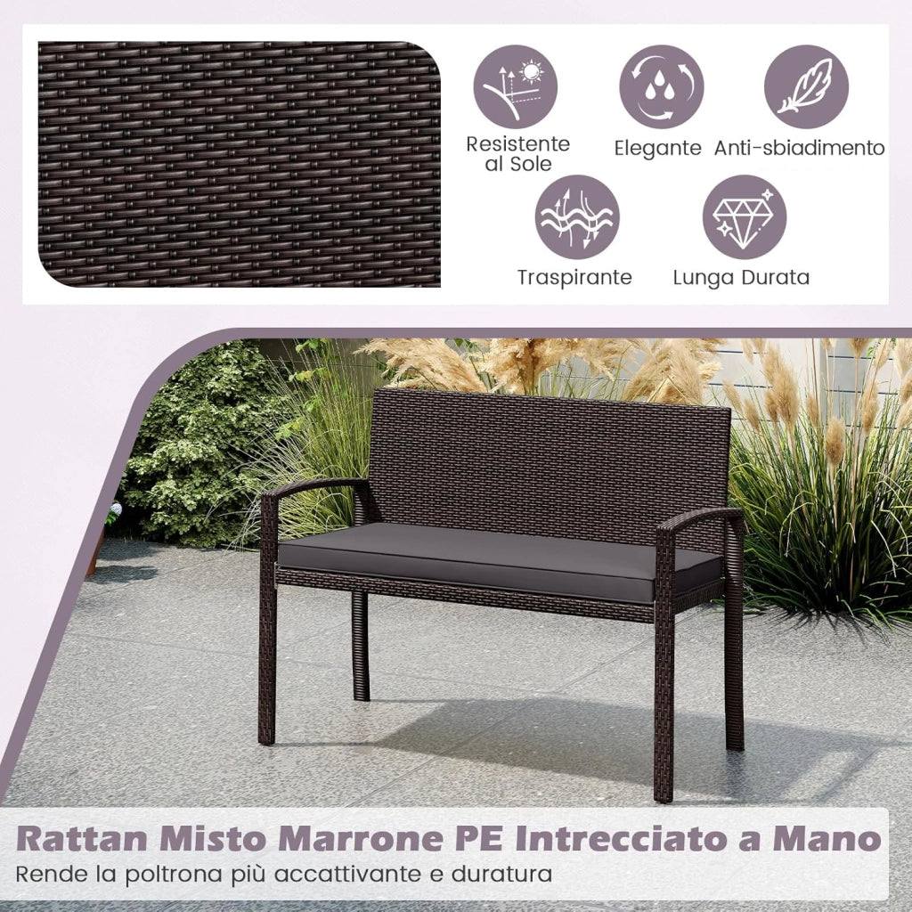 Panchina da Esterno in Rattan PE 110 x 56 x 84 cm, Panchina da Giardino con Morbido Cuscino, Schienale e Braccioli, Poltrona per Veranda, Balcone e Ingresso (Grigio)