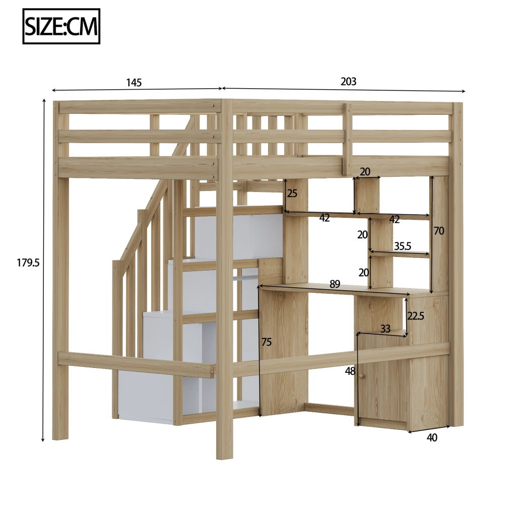 Letto letto alto; 90x200cm; scale di deposito; armadio; legno massiccio