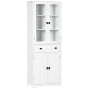 Credenza da Cucina Alta con 2 Armadietti e Cassetto, Ante a Vetri e Ripiani Regolabili, 60x30x160cm, Bianco