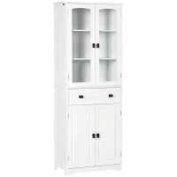 Credenza da Cucina Alta con 2 Armadietti e Cassetto, Ante a Vetri e Ripiani Regolabili, 60x30x160cm, Bianco
