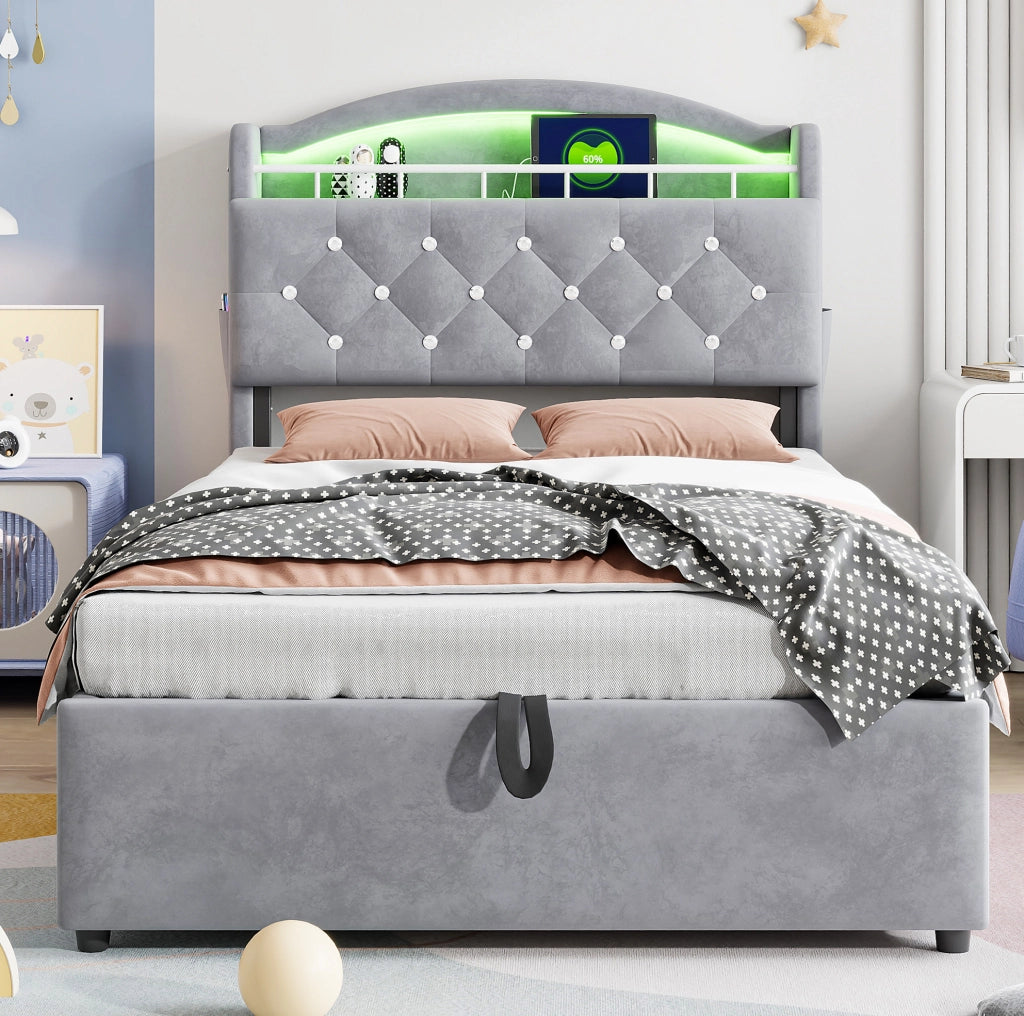 Letto imbottito 90x200 cm con contenitore; LED e USB in velluto grigio