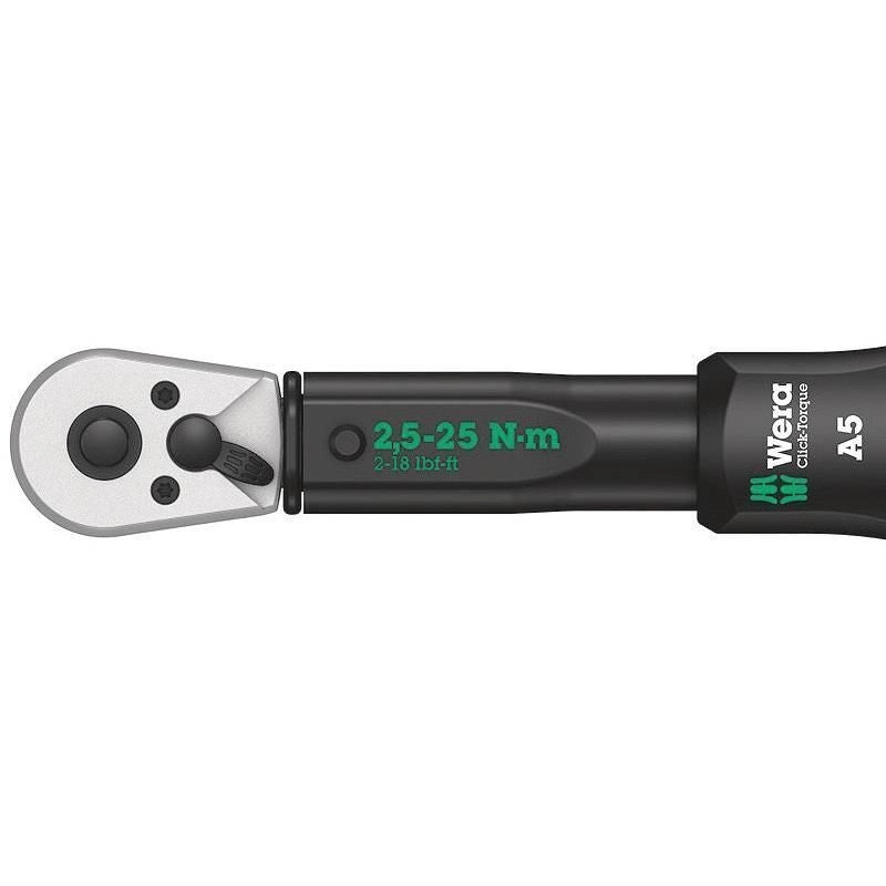 Wera 05075604001 Click-Torque A 5 Chiave dinamometrica Meccanica 2,5 - 25 Nm con Ratchet Reversibile colore Nero Verde