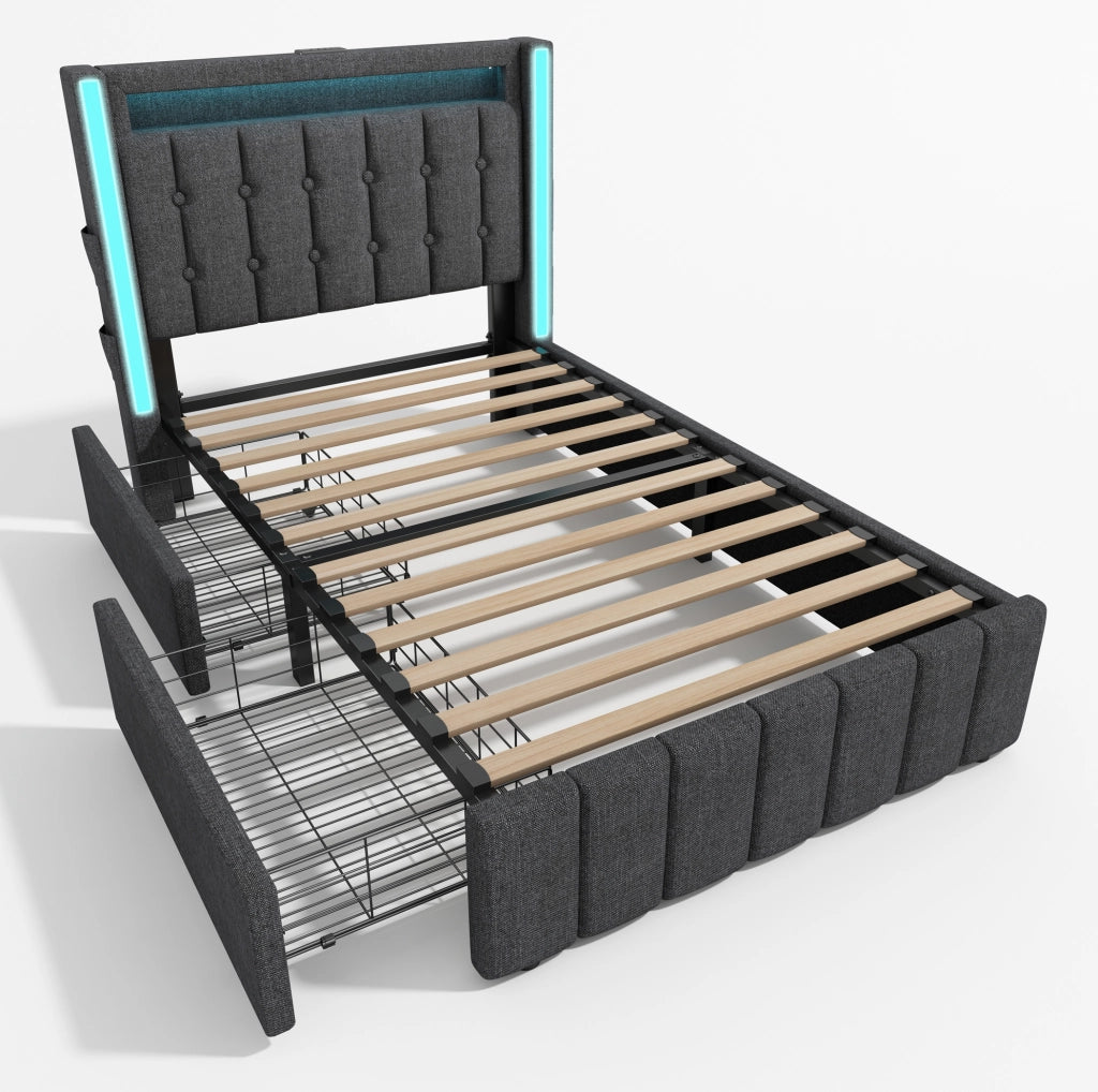 Letto singolo 90x200 cm con LED; porte USB e USB C; 2 cassetti; rivestimento in lino grigio
