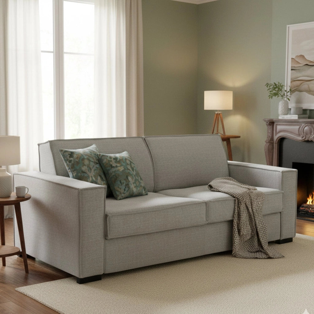 Divano Letto Alano, Divano a 2 posti, Made in Italy, SofÒ  Soggiorno con apertura girevole, in tessuto imbottito, con Braccioli standard, cm 180x95h90, Grigio