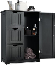 Armadietto da bagno con ripiano regolabile, in legno, 60 x 30 x 81 cm, con 3 cassetti e 1 porta, per soggiorno, cucina, corridoio (nero)