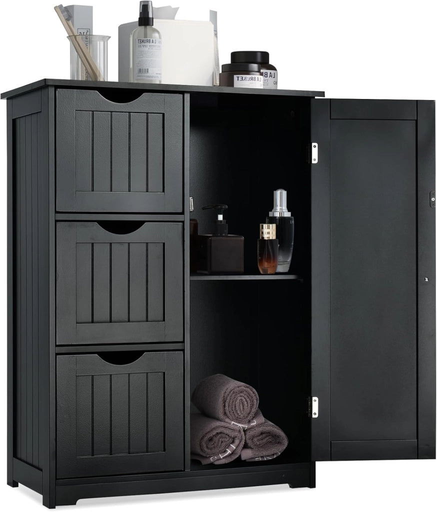 Armadietto da bagno con ripiano regolabile, in legno, 60 x 30 x 81 cm, con 3 cassetti e 1 porta, per soggiorno, cucina, corridoio (nero)