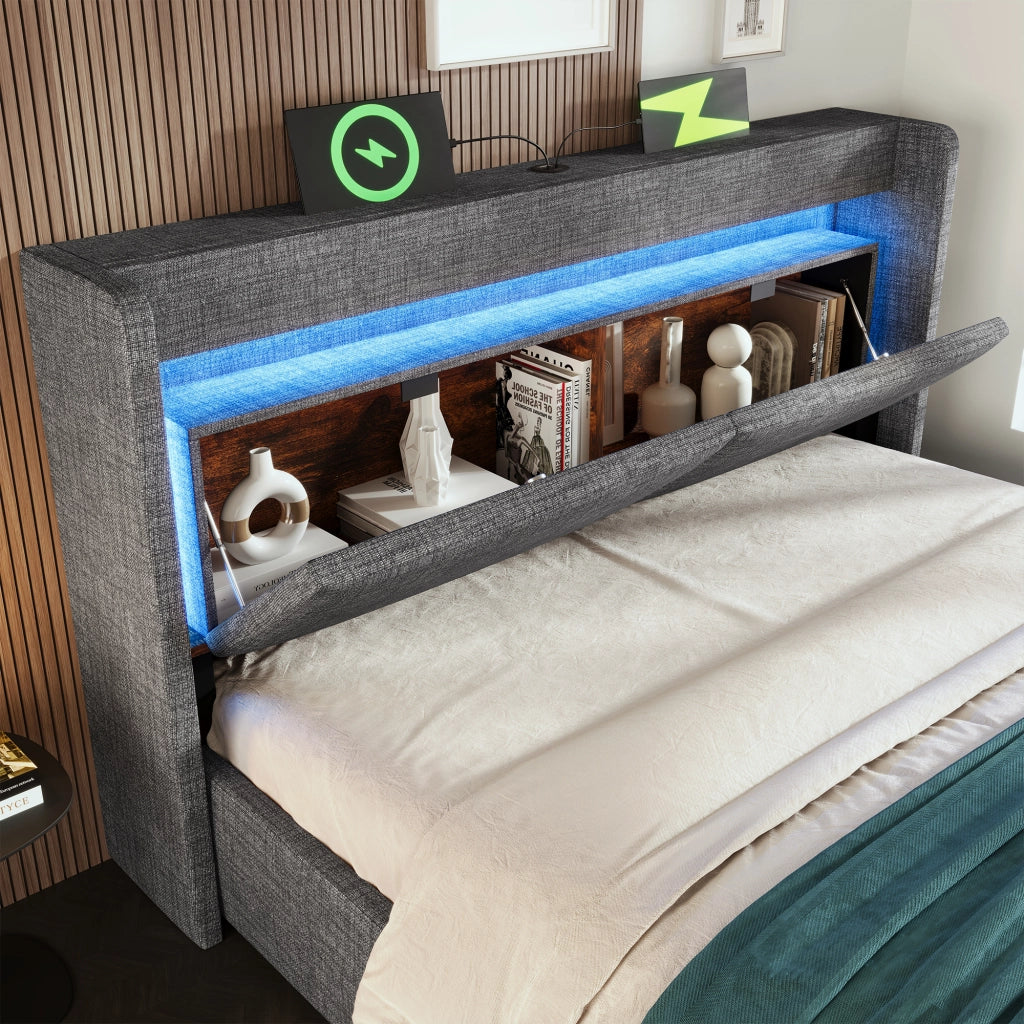 Letto imbottito 140x200 cm con contenitore idraulico, testiera con vano portaoggetti, LED e USB/USB-C, grigio