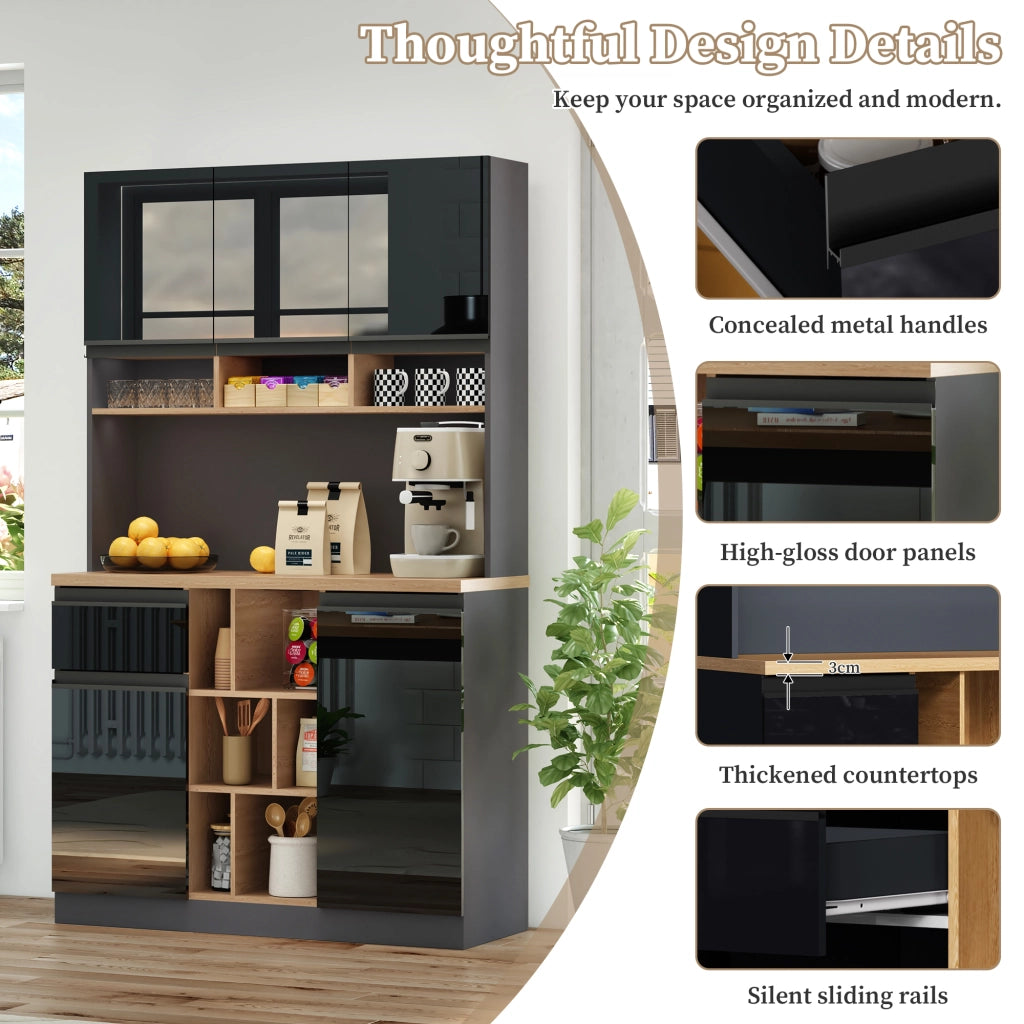 Credenza da Cucina con Ante; Cassetto; Ripiani Regolabili e Vani Aperti in MDF 105x45x185 cm Nero e Naturale