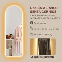 Specchio da Parete ad Arco con Illuminazione LED Regolabile e Controllo Touch, in Vetro Temperato, 40x3x120 cm