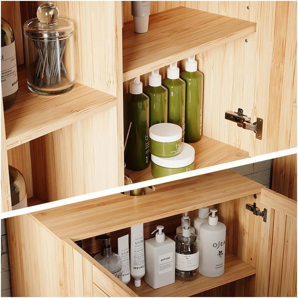 Set di mobili da bagno Lucie, Bambù, 60 cm, composto da specchio da bagno e mobile sottolavabo