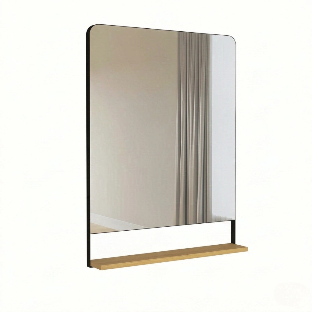 SPECCHIO DA PARETE 80 x 60 cm Nero in metallo e legno di Paulownia con ripiano
