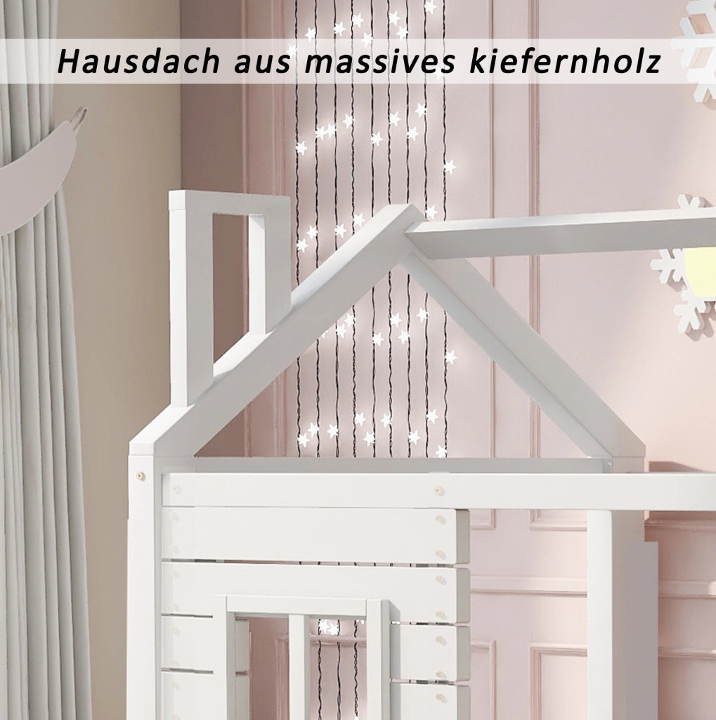 Letto per bambini a casetta 80x160 cm in legno massello di pino; bianco; con finestre e cassetti