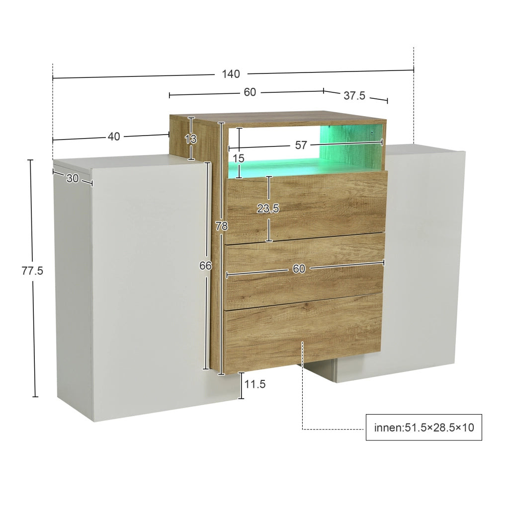 Credenza moderna in MDF bianco lucido e legno con LED multicolore, 140x30x77,5 cm