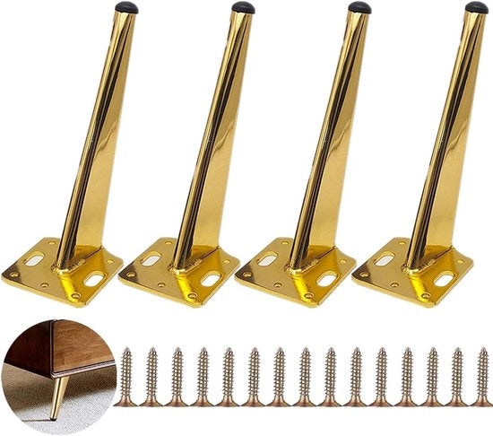 Piede metallico moderno in colore oro da 18 cm per tavolo salotto, mobile TV e armadio bagno con viti, protezione pavimento e fondo antiscivolo silenzioso