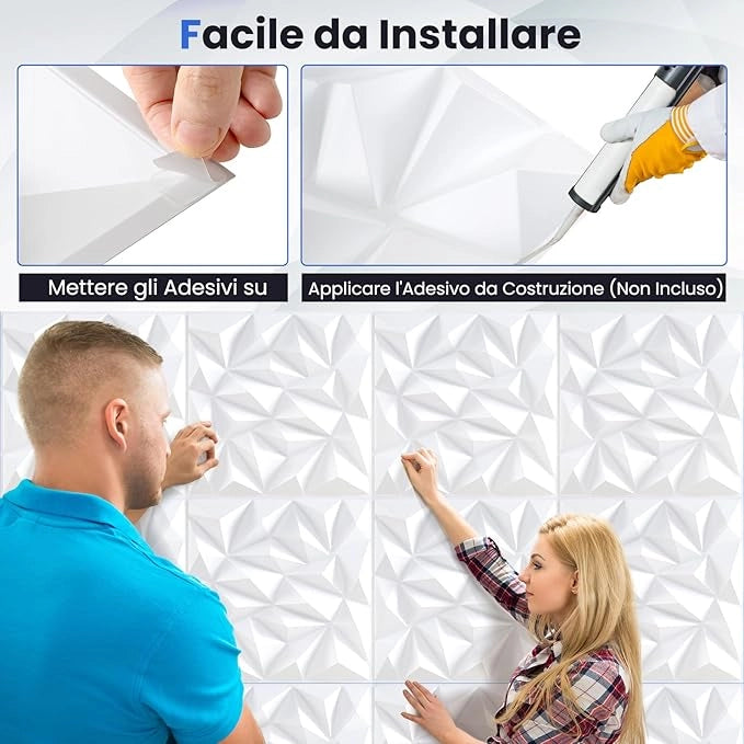 40 Pezzi 3D Pannelli Murali 50 x 50 cm, Pannello da Parete 3D Diamante, Decorazione Interna da Parete in PVC, 10 m², per Soggiorno Camera da Letto (10㎡,Bianco)
