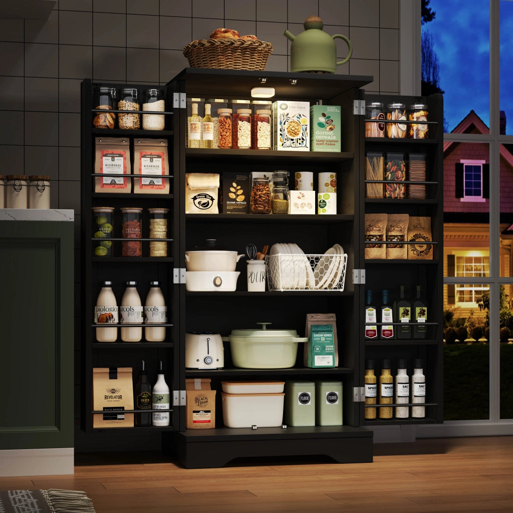 Colonna da cucina con luce LED sensore, 2 ante e ripiano regolabile, per cucina, in MDF nero 120 × 60 × 40 cm