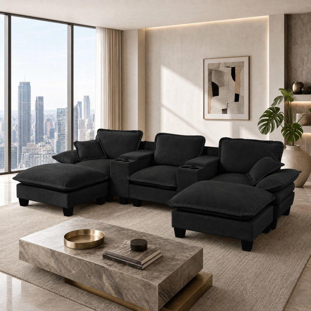 Divano panoramico a U modulare con contenitore; portabicchieri e USB in ciniglia - nero 323×151×90 cm