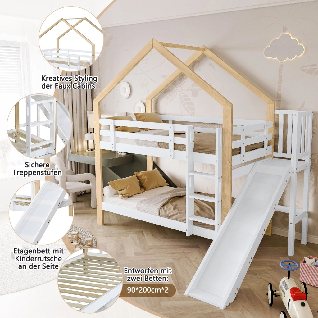 Letto a castello con scivolo e parapetto in legno massello e MDF 90x200 cm