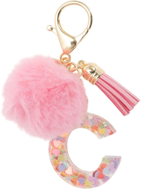 Accessorio per le chiavi in pelle con pallina - Accessorio per le chiavi con lettera iniziale C - Accessorio per le chiavi femminile - Accessorio per le chiavi con pennello - Sostenibile e robusto - 11 cm di lunghezza - Accessorio per le chiavi