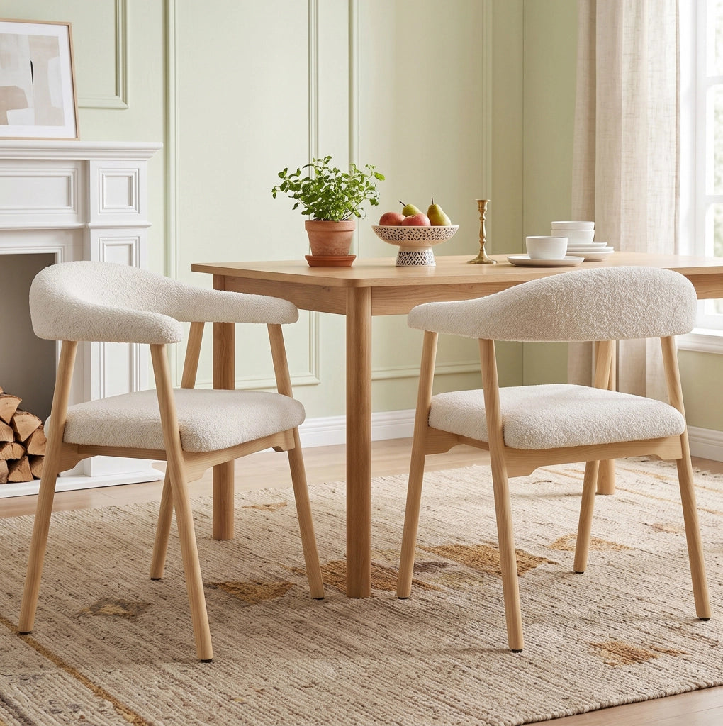 Set di 4 sedie da pranzo 60.5x57.0x79.5 cm con schienale ergonomico a C; legno e bouclé; naturale