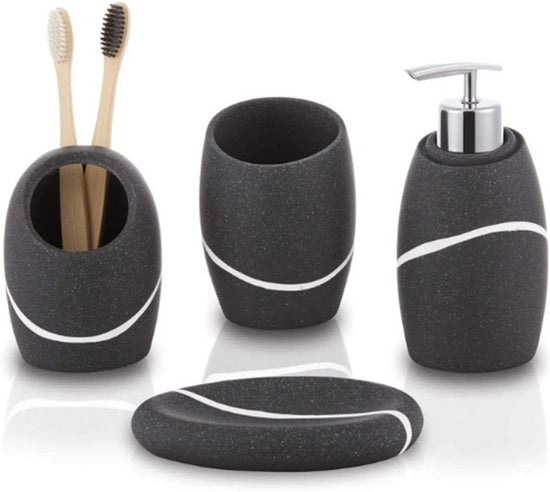 Accessori per la camera da bagno - Set 4 pezzi - Dispensatore di sapone - Orecchiera per spazzolino da denti - Tazza per bevande - Scatola per sapone - Stile e pratico - Per vasca da bagno e lavabo
