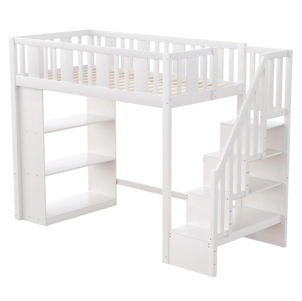 Letto a soppalco 90x200 cm con scala e 3 vani portaoggetti; in legno bianco