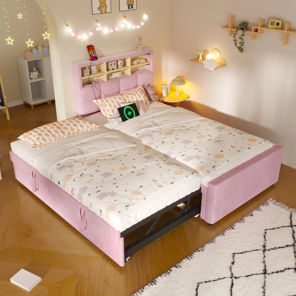 Letto singolo 90x200 cm rosa in velluto con letto estraibile per ospiti e prese USB