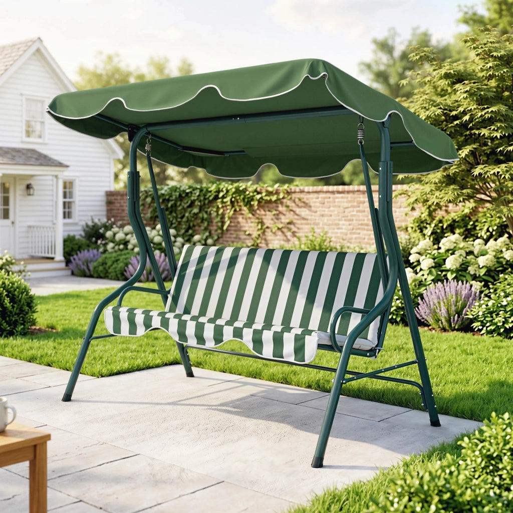 Dondolo 3 Posti con Tettuccio Regolabile e Cuscini, in Acciaio e Poliestere, 170x110x153 cm, Verde e Bianco