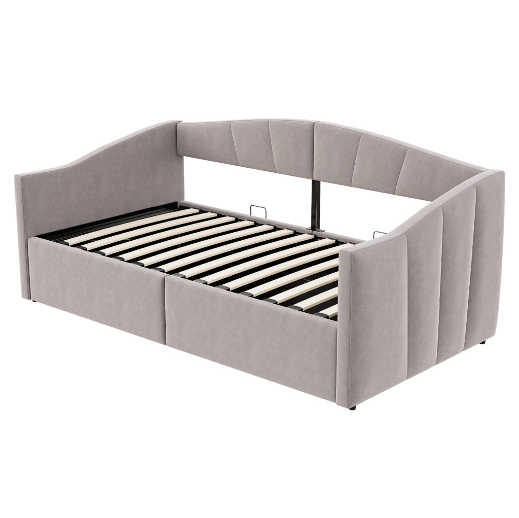 Letto divano imbottito con contenitore idraulico 90x200 cm in velluto grigio chiaro