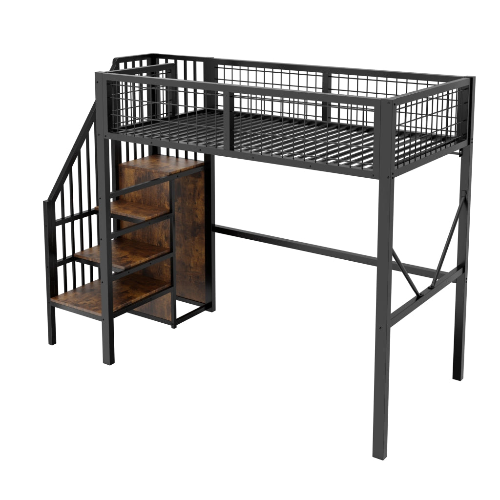 Letto a soppalco 90 × 200 cm 1 posto con scala contenitore, LED e barriera, senza materasso, nero