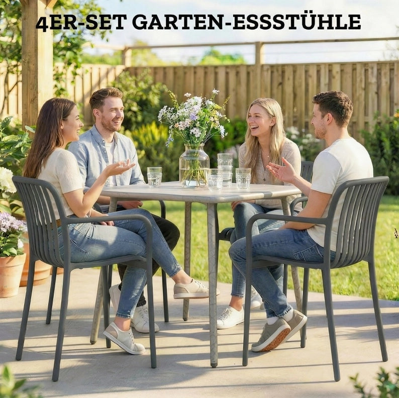 Set di 4 sedie da giardino impilabili con design a lamelle e braccioli, colore grigio scuro, ergonomiche