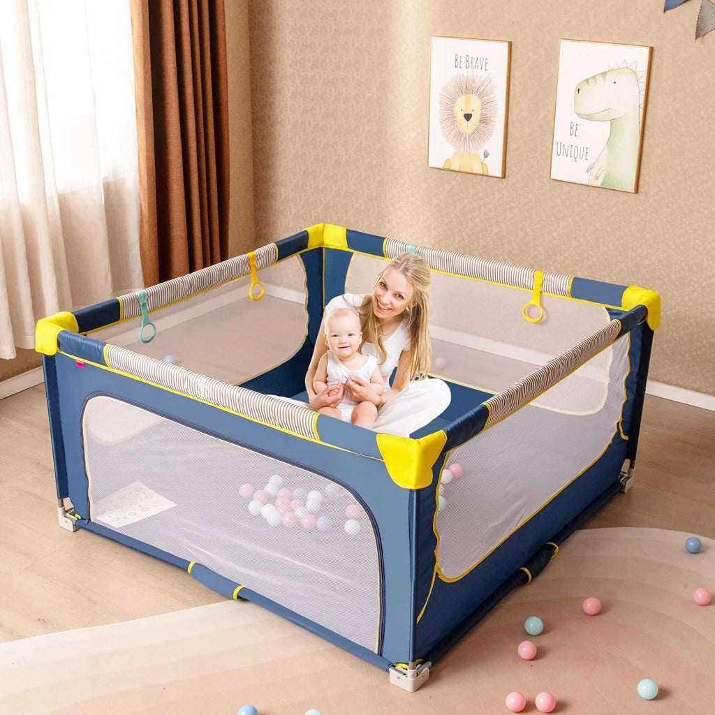Box per Bambini 150 x 150 cm, Recinto per Neonati Pieghevole in Tessuto Oxford con Rete Traspirante, Centro Attività con 50 Palline, 4 Pezzi Anelli e Borsa (Blu, 150 x 150 cm)