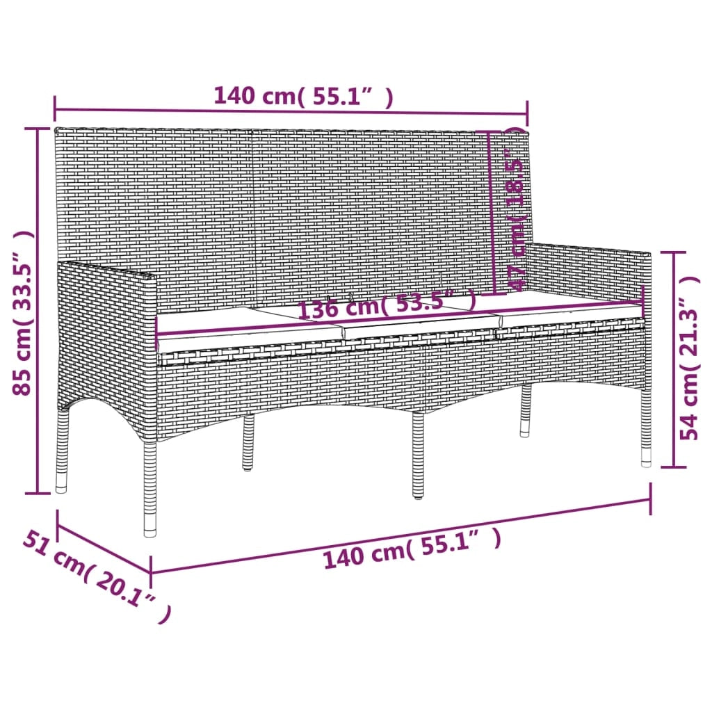 Panchina da giardino a 3 posti/arredamento da esterno per patio con cuscini 140 x 51 x 85 cm resina intrecciata nera 02_0011791