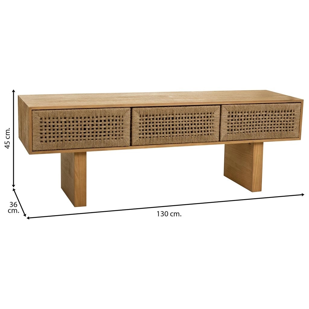 Mobile basso in legno e corda intrecciata marrone 130x36x45h