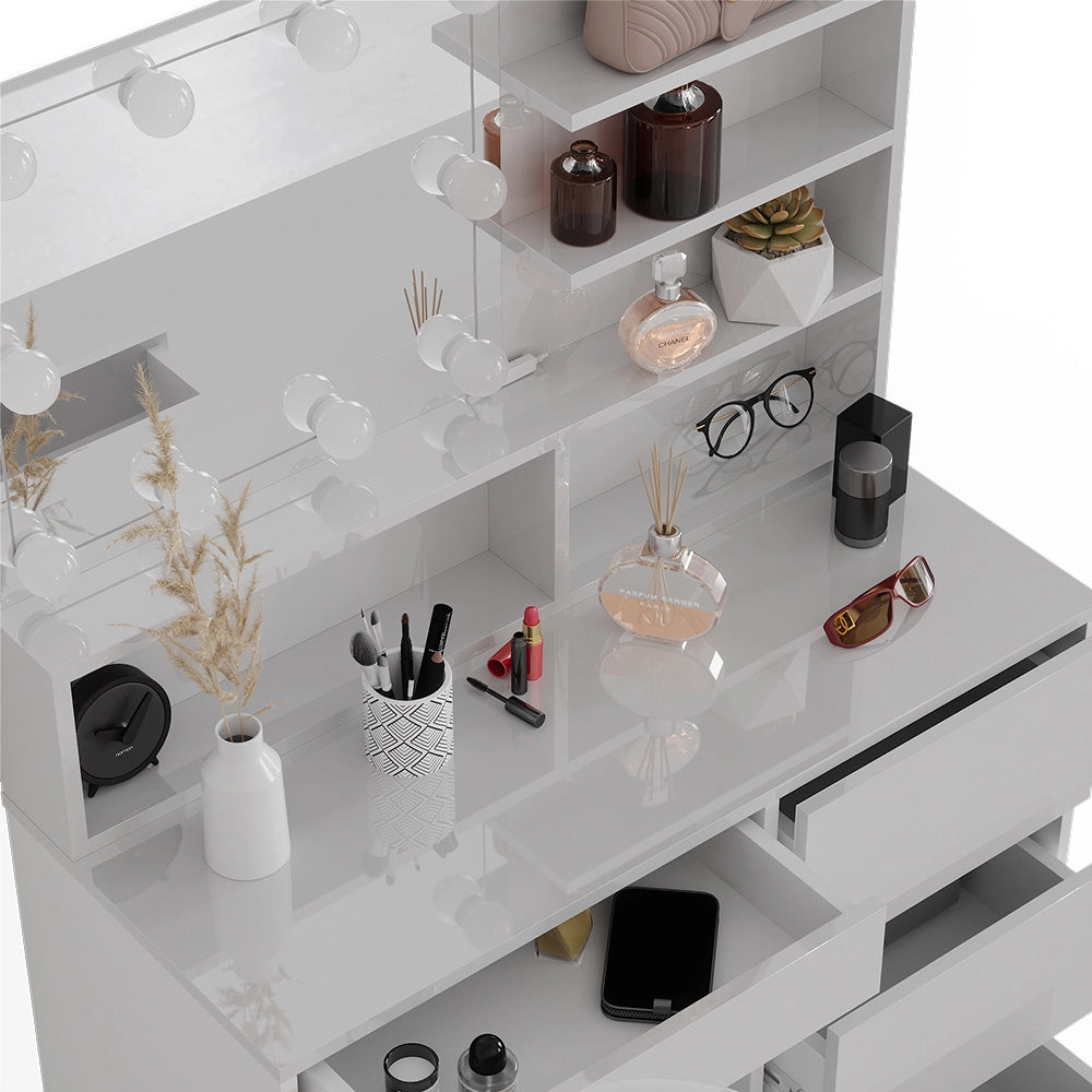 Vicco Tavolo da toeletta Bianco 90 cm con illuminazione a LED, sgabello e ripiano a specchio