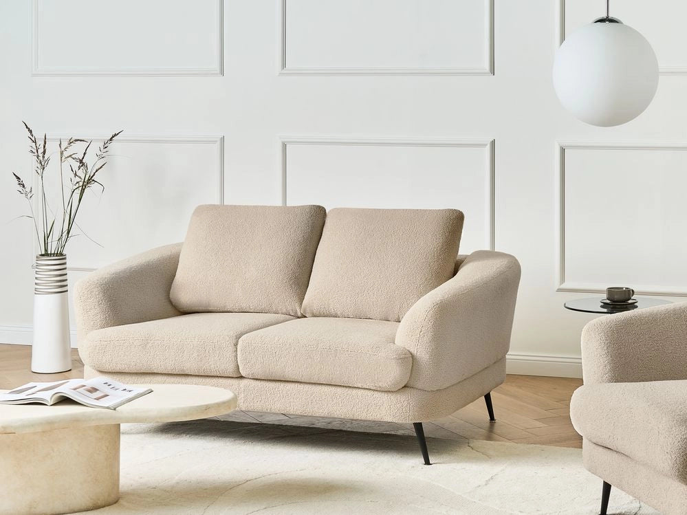 Divano a 2 posti Tappezzeria in bouclè beige chiaro Gambe nere in ferro con braccioli Angolo lettura soggiorno Stile moderno