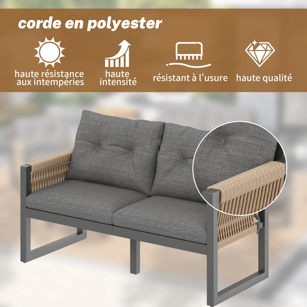 Salotto da Giardino con 1 Divano 2 Posti; 2 Poltrone e 1 Tavolo Rimovibile; per Terrazza; Ferro; Poliestere e Legno Plastico; Grigio e Naturale