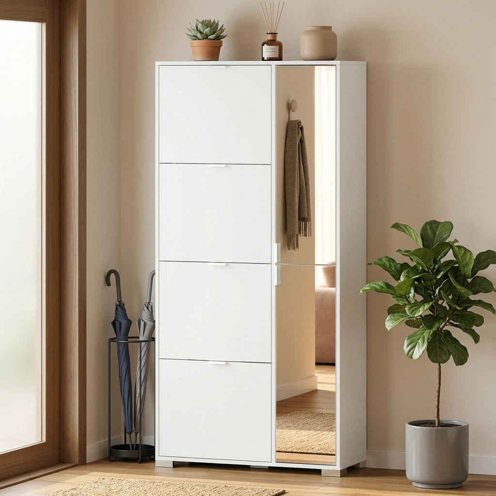 Scarpiera alta bianca 82×30×168 cm con specchio, 4 cassetti ribaltabili e armadietto laterale, mobile multiuso salvaspazio per ingresso casa